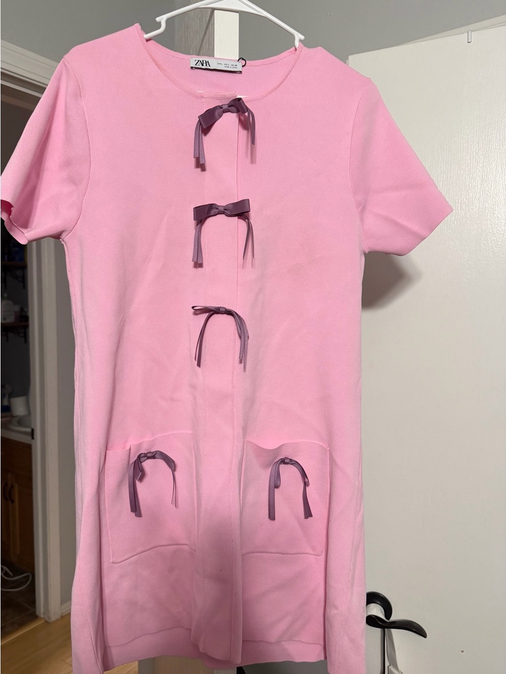 Zara Pink Ribbed Top with Decorative Bow